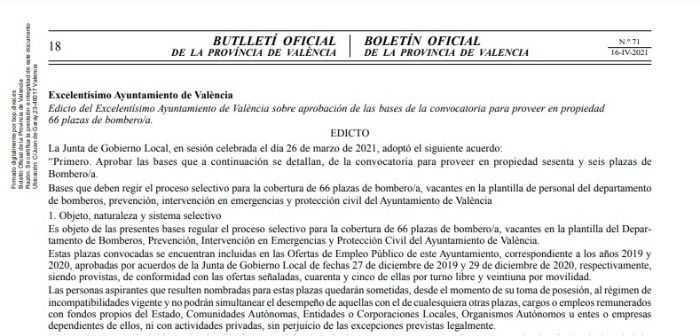 Llista provisional d'admessos i excluits de les 66 plaçes a bomber del ajuntament de Valencia